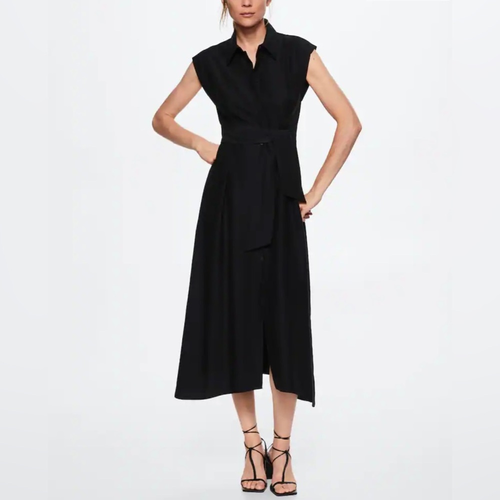 Black NWT Sustainable Viscose Flowy Dress Tie Waist.  Size Medium.